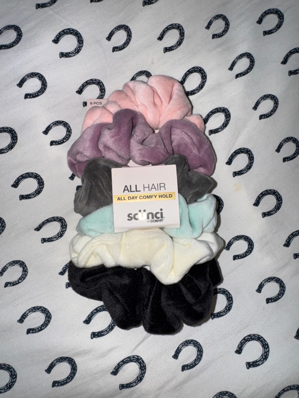 Scunci Plush Hair Scrunchie Set in Pink, Purple, Gray, Mint, Cream & Black